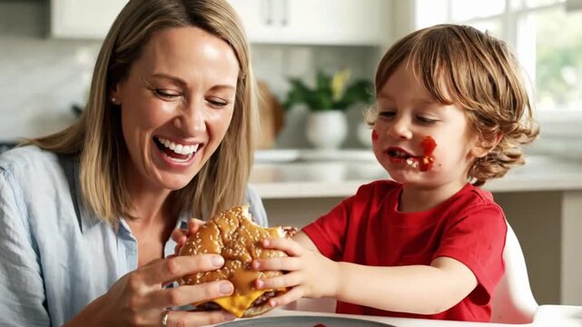 Mother shares a burger with her smiling child in a cozy kitchen during lunchtime