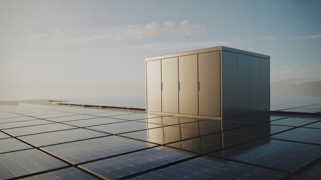 Solar panels and a metallic storage unit on a rooftop at sunset solar energy renewable energy