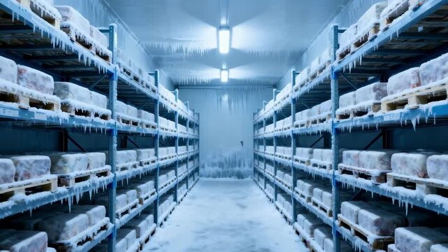 Medium shot of a walkin blast freezer room showcasing rows of palletized goods on sturdy racks in a temperaturecontrolled environment.