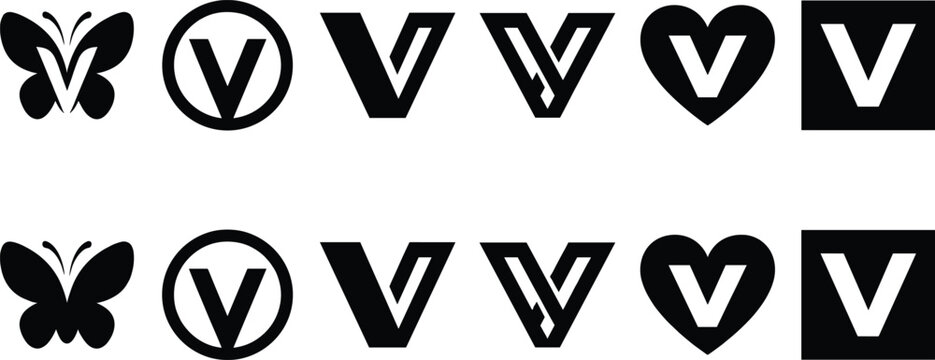 Set of stylized black V-shaped icons in butterfly, circle, heart, square, zigzag variations, symbolizing typography, branding, and design