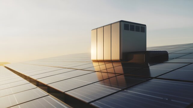 Solar panels with a storage unit on a rooftop during golden hour solar energy renewable energy