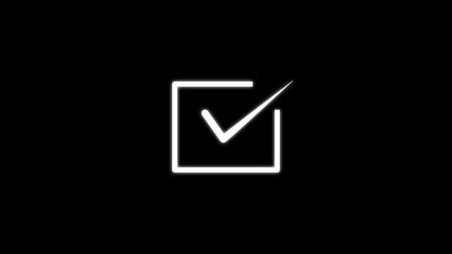 White Check Mark Square Icon on Black Background &ndash; Approval, Verified, Completed Symbol. Tick finishing confirm yes, right ,ok sign animated on black background.