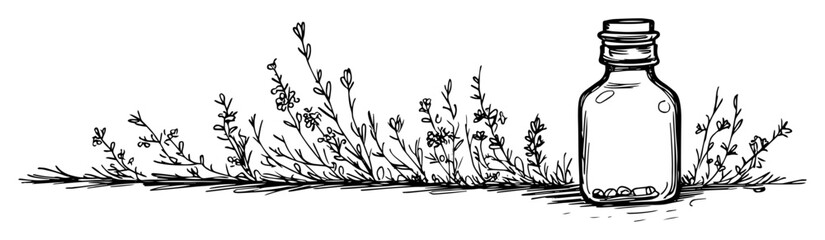 Glass bottle with herbs sketch illustration © Kaz