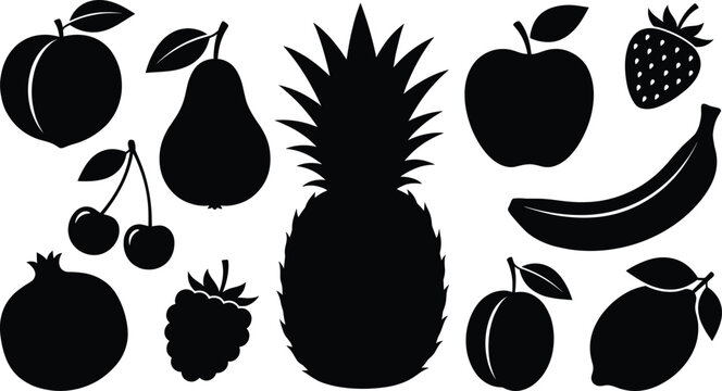 Stylized black silhouette illustration of assorted fruits including apple, pear, banana, pineapple, strawberry, and citrus, symbolizing healthy nutrition