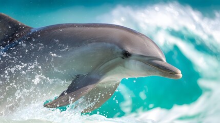 Obraz premium Majestic dolphin leaps from turquoise waves a vibrant display of ocean wildlife beauty