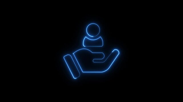Green Neon Hand Holding Man head Icon people or team support with on black background.
