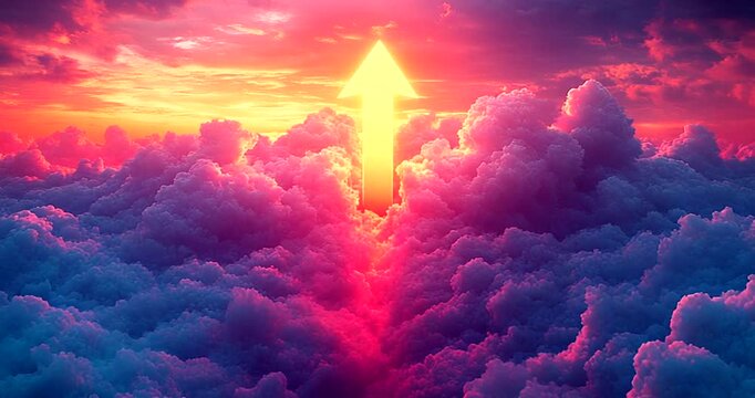 Vibrant sunrise over clouds with upward arrow symbolism