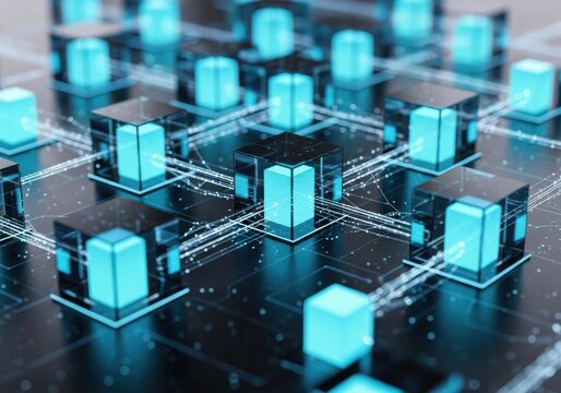 Glowing digital data blocks form an interconnected network structure across a dark surface