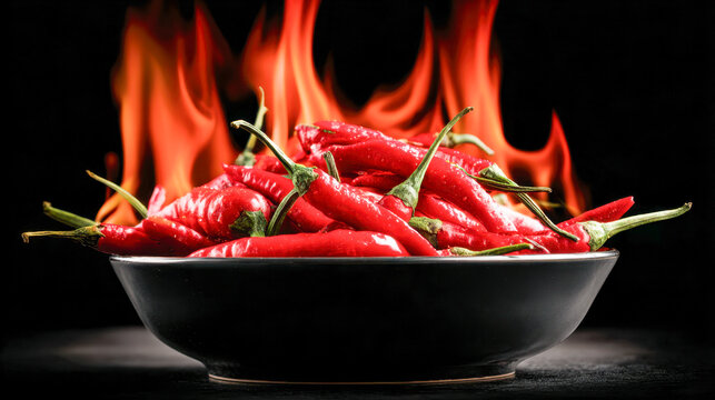 A black bowl overflowing with fresh red chili peppers with dramatic flames rising in the background symbolizing intense heat and fiery flavor sensation