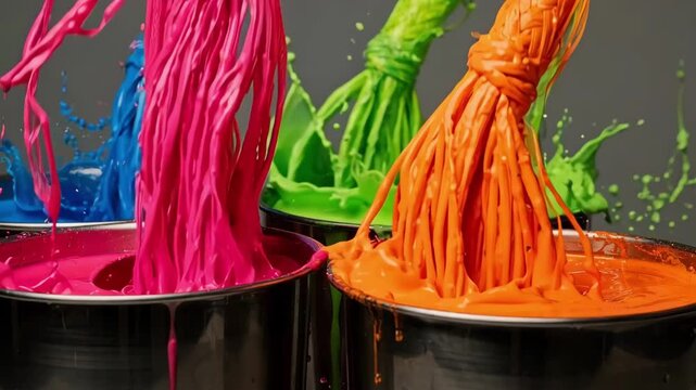 Medium shot of fluorescent utility cords being immersed in vibrant dye baths highlighting the intense color absorption and fabric texture under precise lighting.
