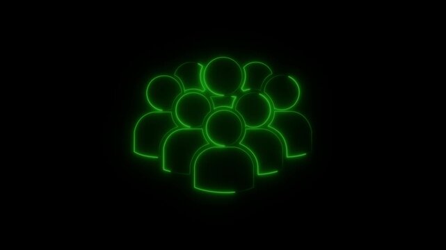 Green Neon Glowing Group of People Icon on Black Background,  Neon Business Professionals icon, Leadership and Teamwork Symbol animation.