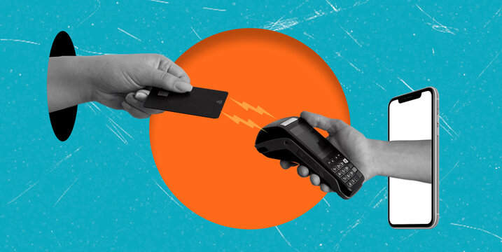 Art collage showing contactless payment with a card and smartphone in a bright background