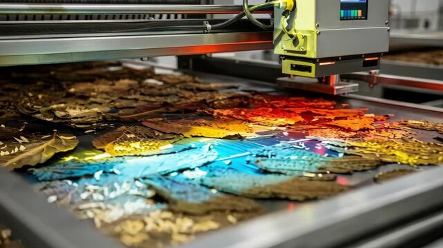 Infrared sensor technology inspecting cigarette tobacco leaves highlighting moisture content and consistency during highspeed conveyor grading in factory setting.