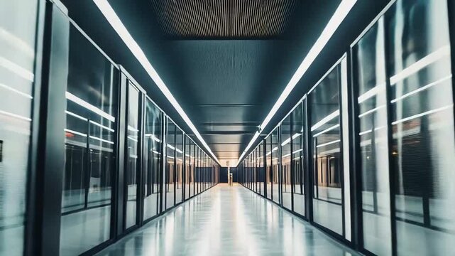 Long futuristic corridor inside a modern data center, featuring rows of glass fronted server racks reflecting bright artificial light and creating a sense of advanced technology