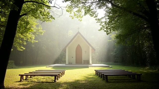 Serene Chapel in Forest with Benches.