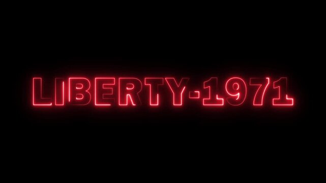 Liberty 1971 Neon Text Glowing on Dark Background. Retro Futuristic Liberty 1971 Typography with Neon Light Effect. Liberty 1971 Sign with Vibrant Glowing Colors and Reflective Surface
