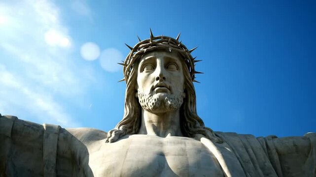 Majestic stone statue of jesus christ wearing a crown of thorns against a bright blue sky. A composite triptych showing a zoom from a wide view to a close up portrait