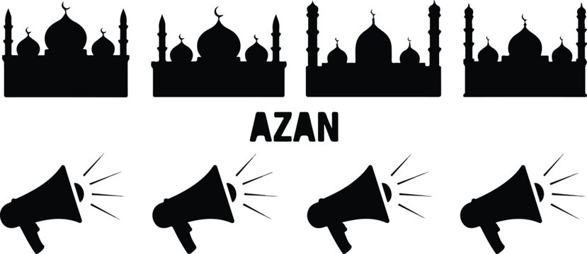 Azan Call to Prayer Outline Icon Set Mosque and Loudspeaker Symbols