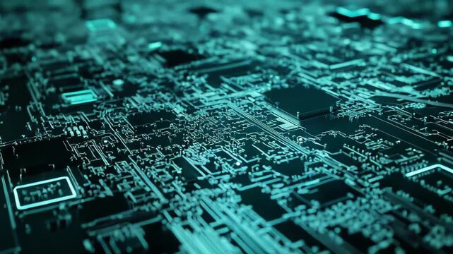 Futuristic circuit board with glowing teal tracks representing interconnected data, network communication, and digital intelligence within a complex technological landscape