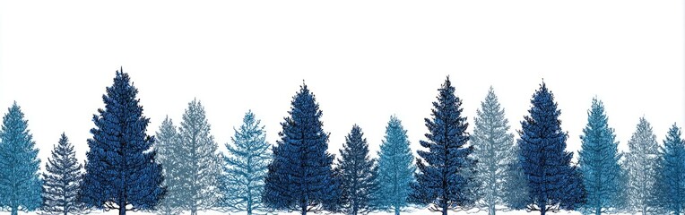 Fototapeta premium Forest of stylized pine trees in shades of blue and white against a bright white background