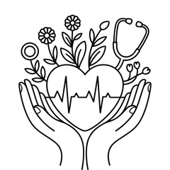 Obraz premium Two cupped hands gently hold a heart with a medical electrocardiogram and blooming plants isolated on transparent background