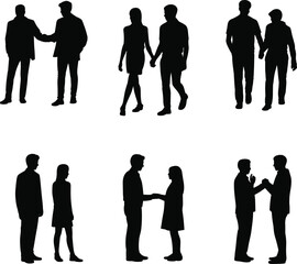 Black silhouette collection of men and women holding hands shaking hands and talking for professional partnership romantic relationship social interaction and human connection concepts.