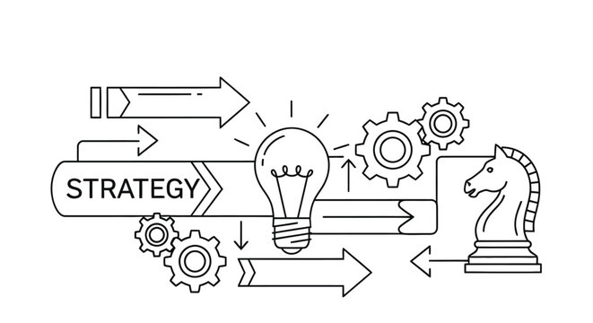 Business strategy concept with gears lightbulb arrows and chess piece illustration