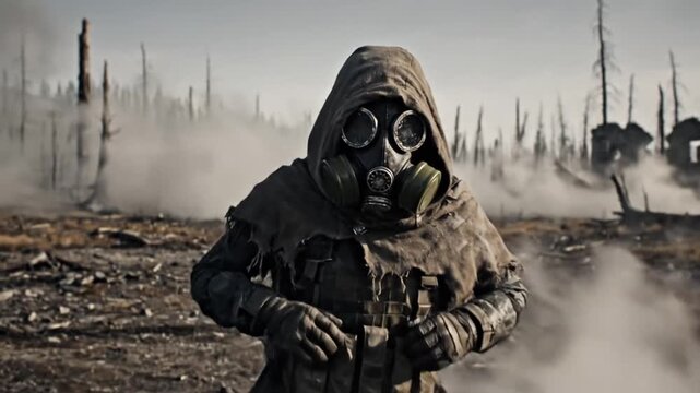 Post-apocalyptic survivor in gas mask and hood in desolate wasteland