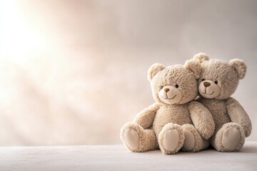 Fototapeta premium Two beige teddy bears sit close together on a soft surface against a neutral background, evoking warmth and comfort.