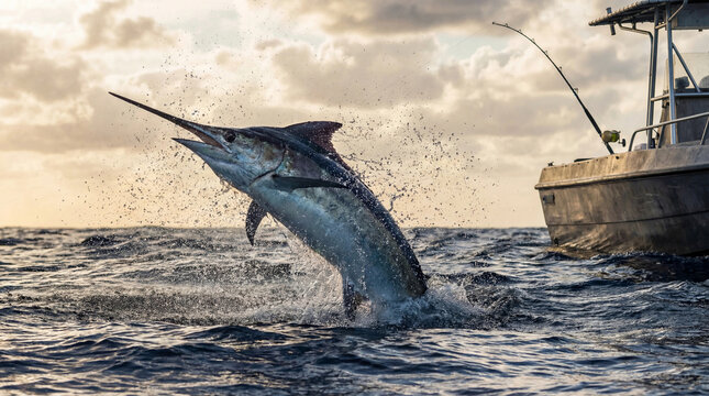 Blue marlin jumping out of ocean near fishing boat at sunset with dramatic splash