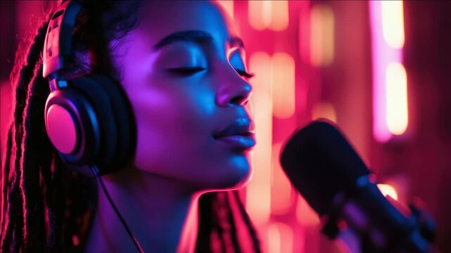 A young female singer in a professional recording studio, wearing headphones and singing into a microphone.