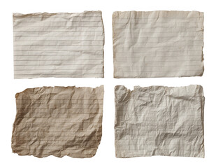 Collection of crumpled paper textures isolated on transparent background