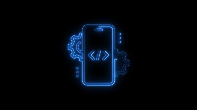 Blue Neon Smartphone with Settings Gear Icon Glowing on Black Background. Adjusting, service, setting, maintenance, repair, fixing. 4K Video motion graphic animation. 