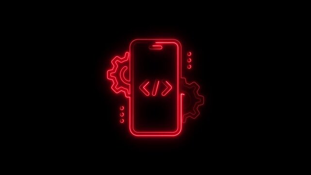 Red Neon Smartphone with Settings Gear Icon Glowing, digital technology concept artificial intelligence mobile on Black Background