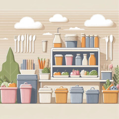 Colorful Kitchen Utensils and Containers Display.