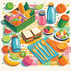 Colorful Picnic Basket with Food and Drinks.