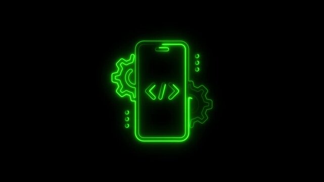 Green Neon Smartphone with Settings Gear Icon Glowing on Black Background