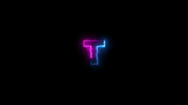 Glowing neon capital letter T with r on black background.