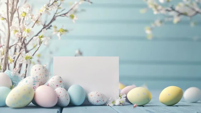 Vibrant eggs in a pastel-colored setting with blooming flowers.
