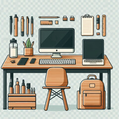 Modern Office Desk with Computer and Accessories.