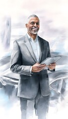 Fototapeta premium Confident Black Man Smiles Holding Tablet Automotive Sales Concept Watercolor Illustration Stock Photo