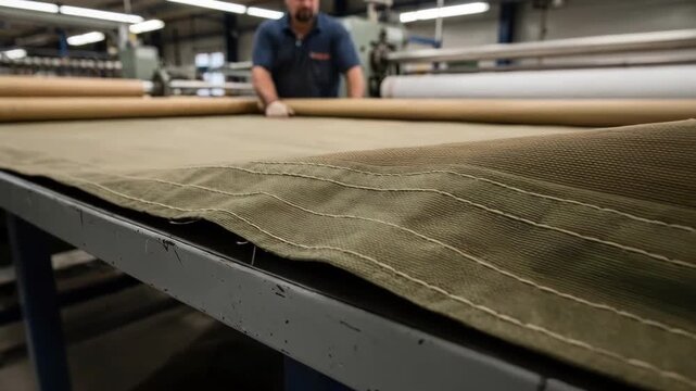 Medium shot capturing detailed inspection of reinforced corner seams during the manufacturing process of industrialgrade canvas tarpaulins.
