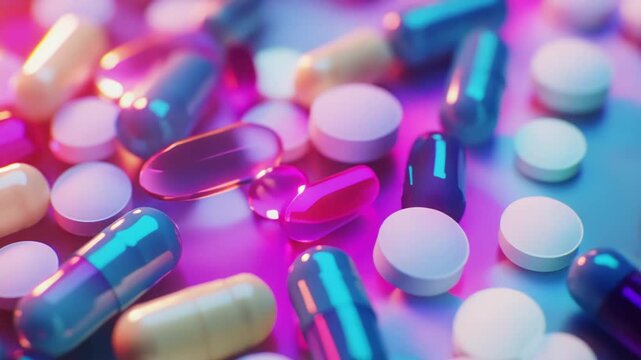 Medicine pills and capsules of various shapes and colors scattered, reflecting vibrant neon light, depicting modern pharmaceutical innovation and healthcare