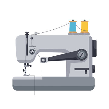 Modern Sewing Machine with Spools of Thread, Flat Design