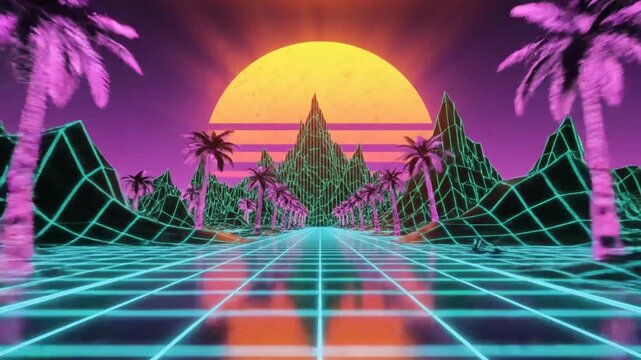 Retro 80s Synthwave Sunset Palm Trees Grid Landscape