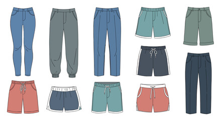 A colorful assortment of pants and shorts arranged neatly on a white background