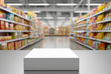 Fototapeta premium Empty white product display platform on a table with blurred supermarket aisle shelves stocked with colorful packaged goods in the background
