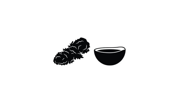 Minimalist black and white illustration of a sea cucumber with a dipping sauce bowl.