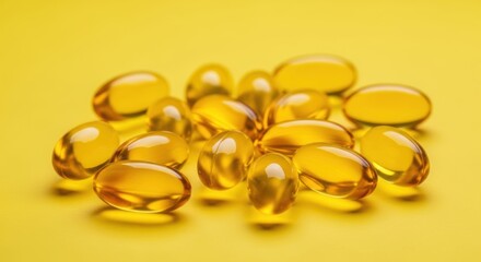 Fish oil supplement capsules arranged on a vibrant yellow background promoting wellness and health benefits