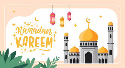 Ramadan Kareem Mosque Illustration For Greeting Card. © agra